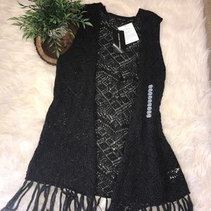 NWT Jeanne Pierre Charcoal Gray Knit Vest w Fringe